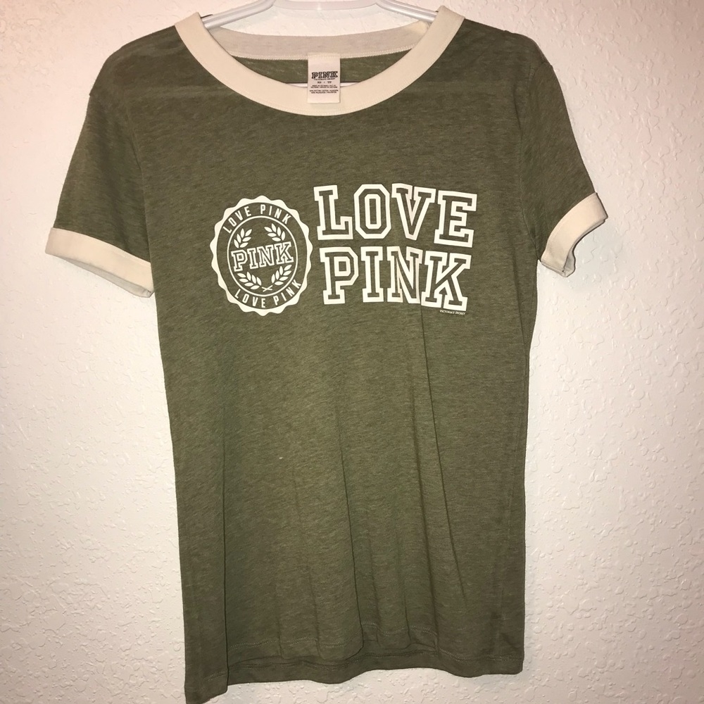 Love pink light olive green tee